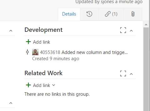 The Development section displays with the commit and comment displaying.